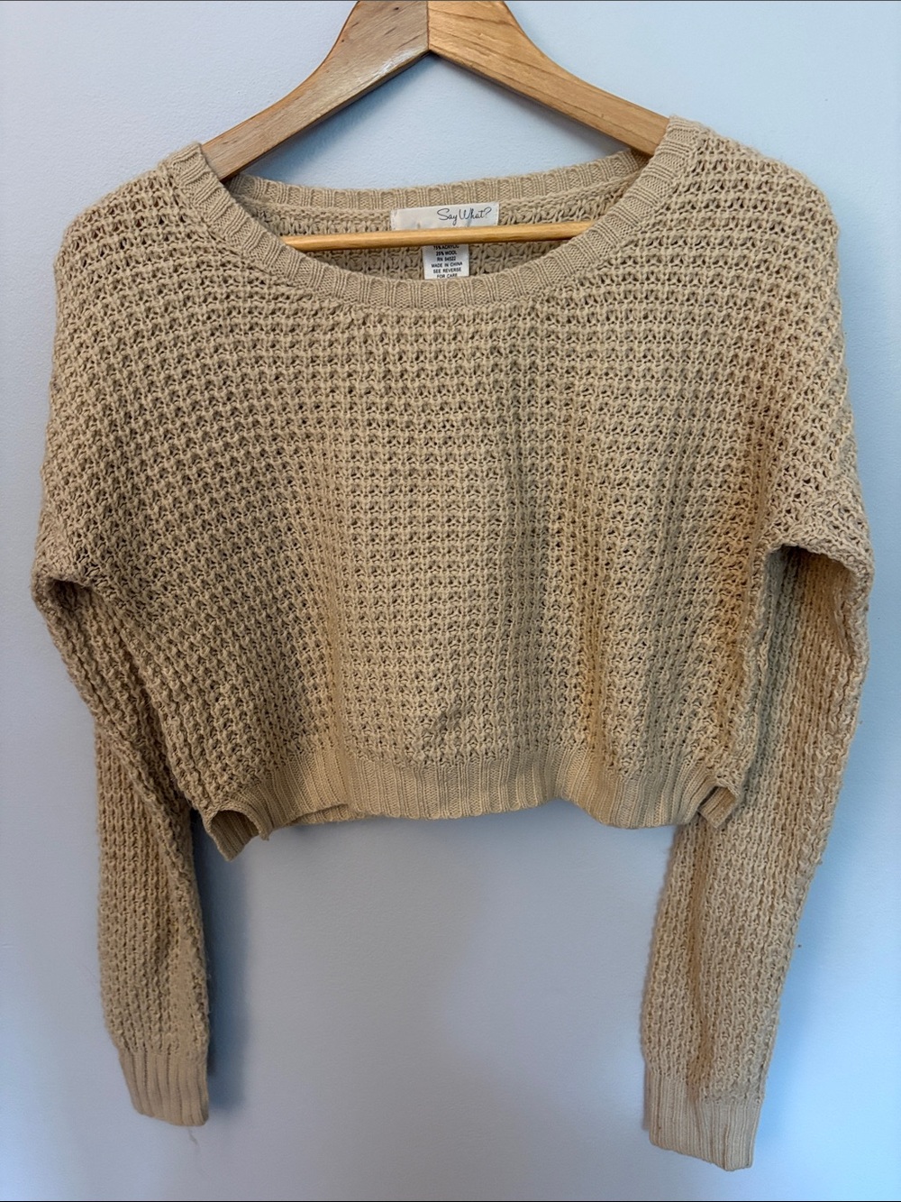 Beige Cropped Waffle Knit Sweater